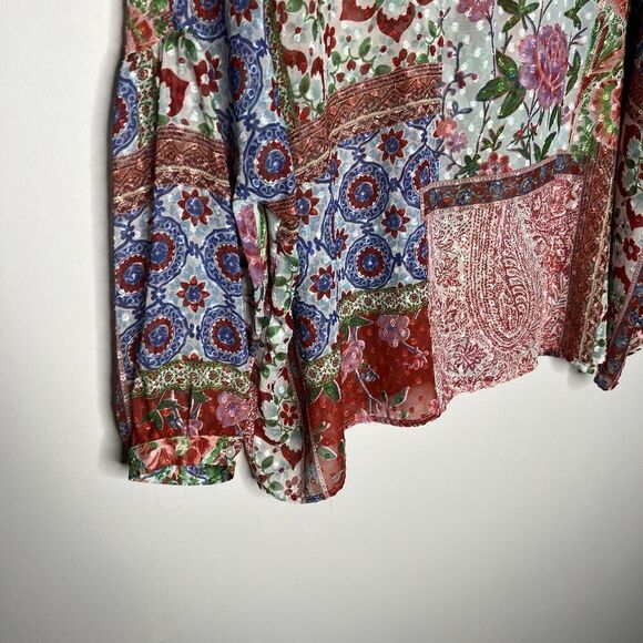 Zara Top Womens XL Patchwork Floral V Neck Ruffle Boho Swiss Dot Chiffon Blouse - Picture 7 of 16